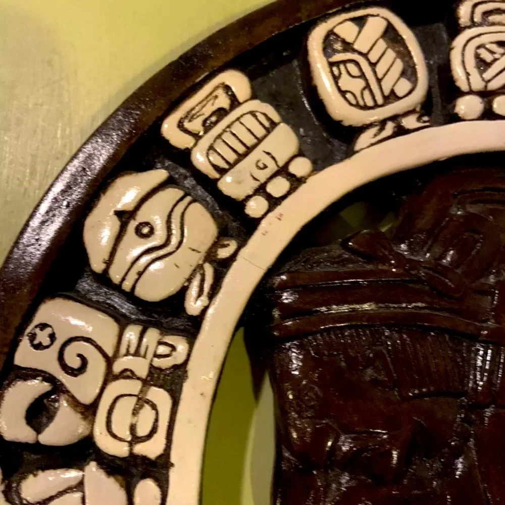 Aztec/Mayan Calendar 10.25” Diameter Glazed Ceramic & Wood Unique